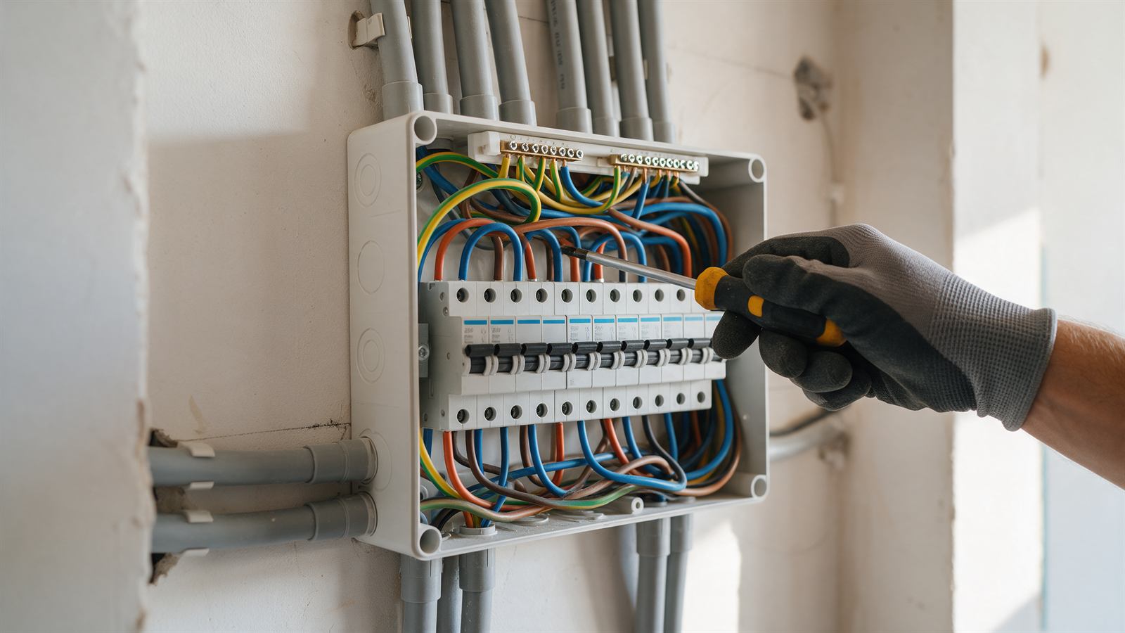 Electrician wiring a distribution board