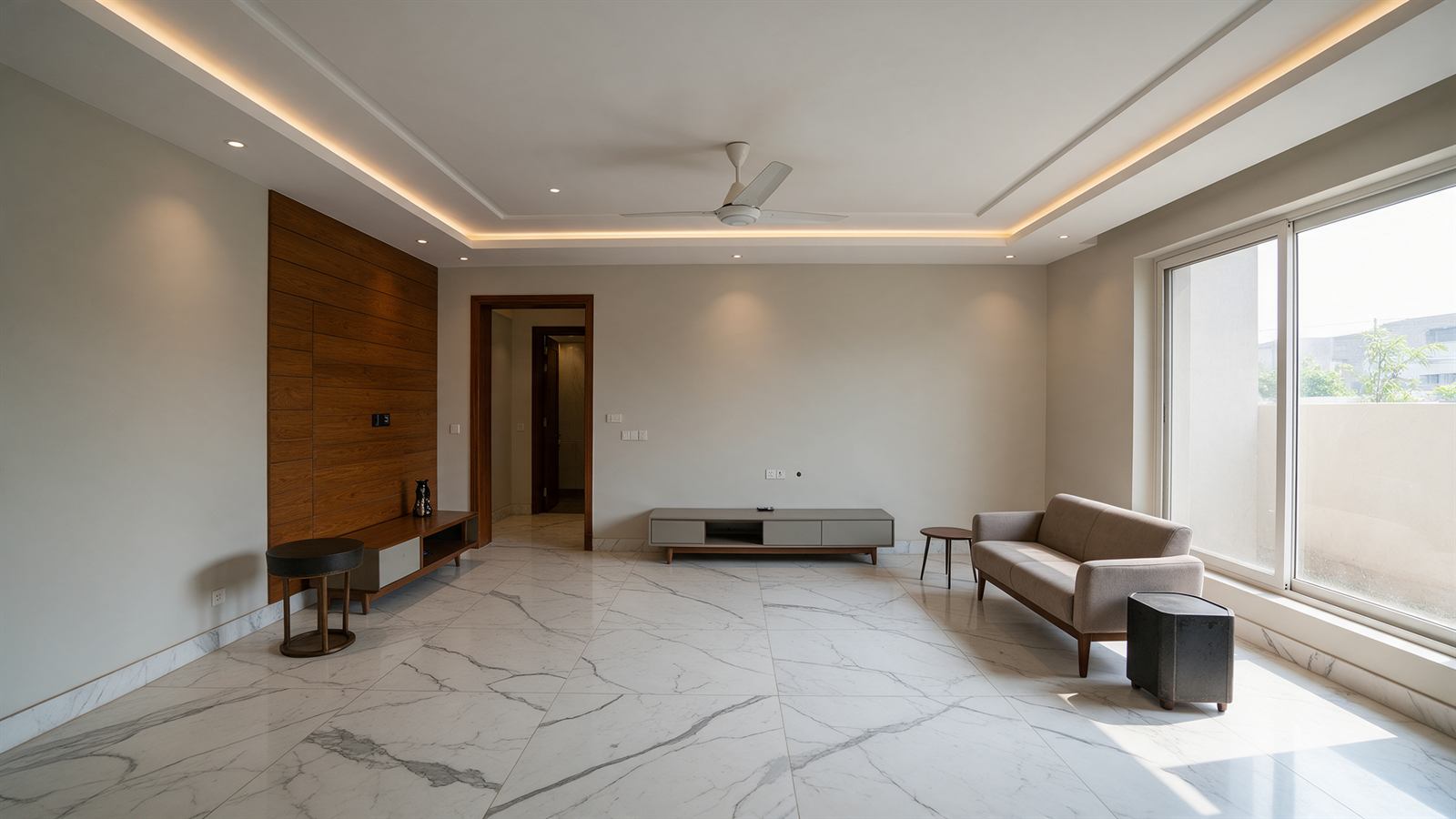 Finished living room with marble floor and false ceiling