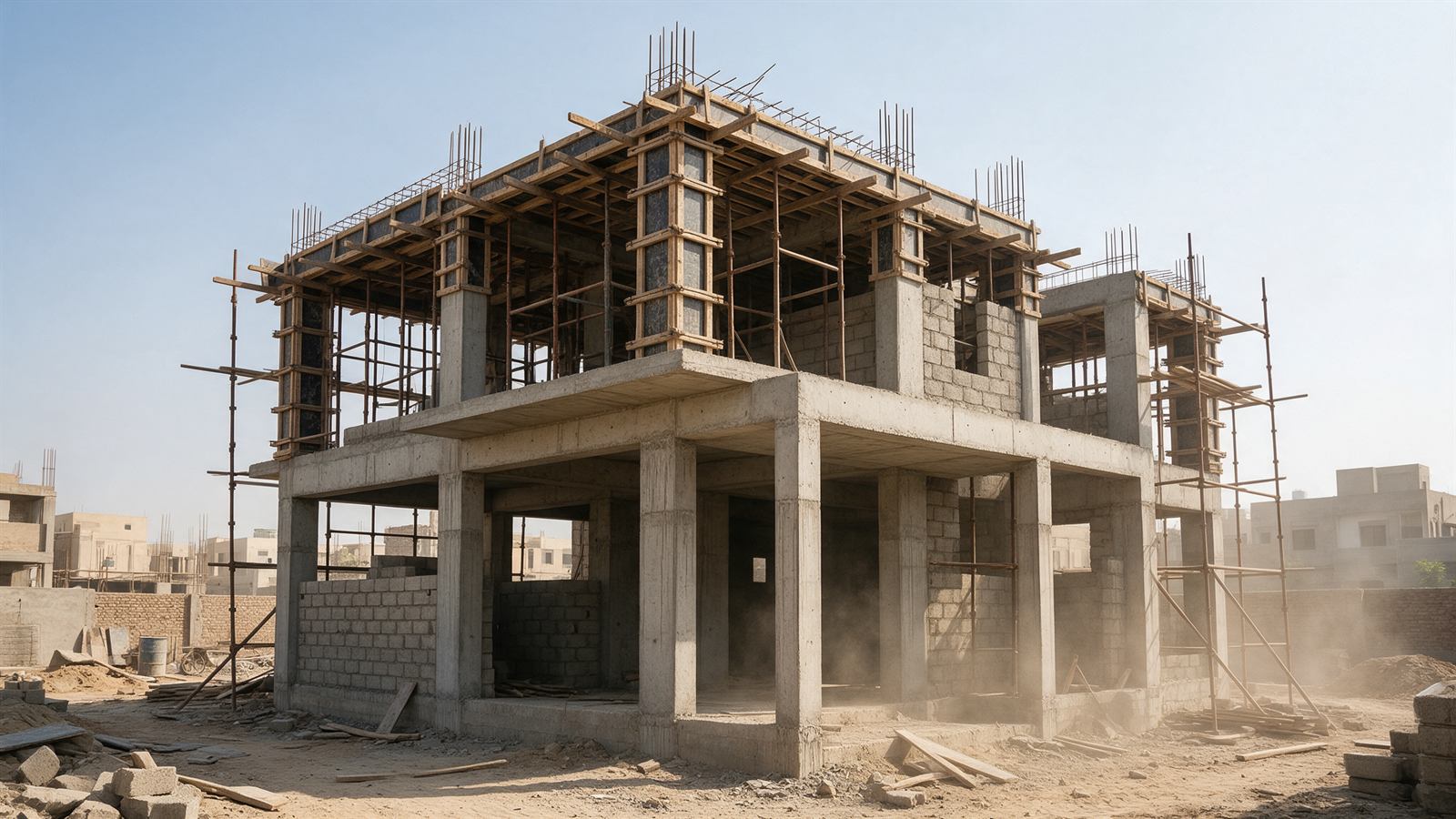 RCC grey structure with shuttering and scaffolding