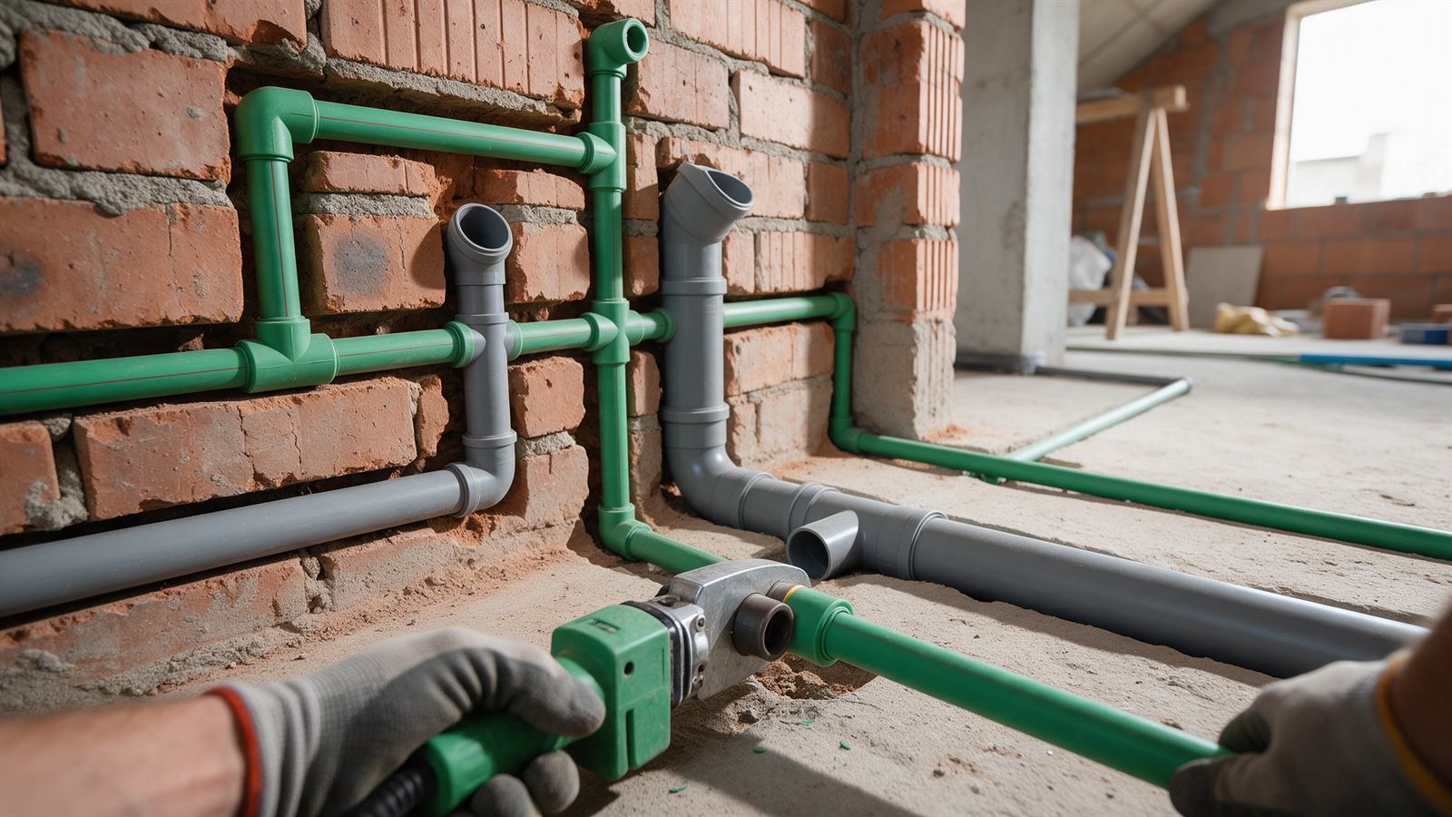 PPR and UPVC plumbing lines installed in wall